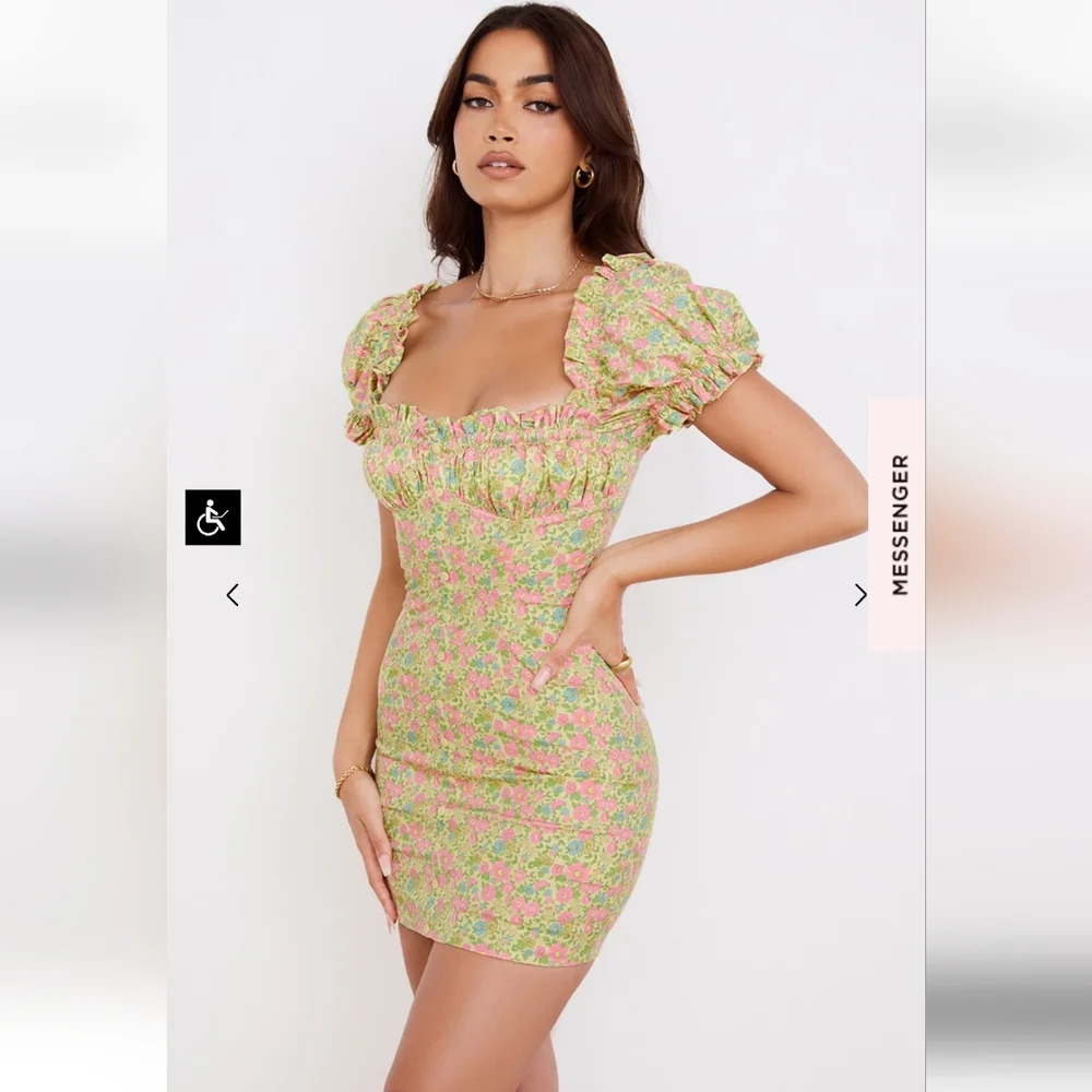 New 🩷 House of CB Tanaya Vintage Floral Puff Sleeve Mini Dress L+ - Picture 5 of 8